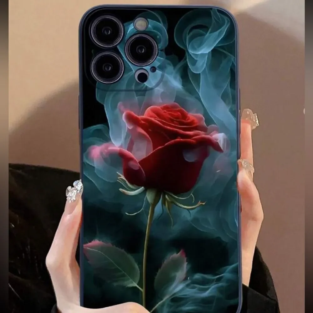 3for$20 1pc Black Design Anti-Drop Colorful Painting Rose Phone Case 15 pro max
